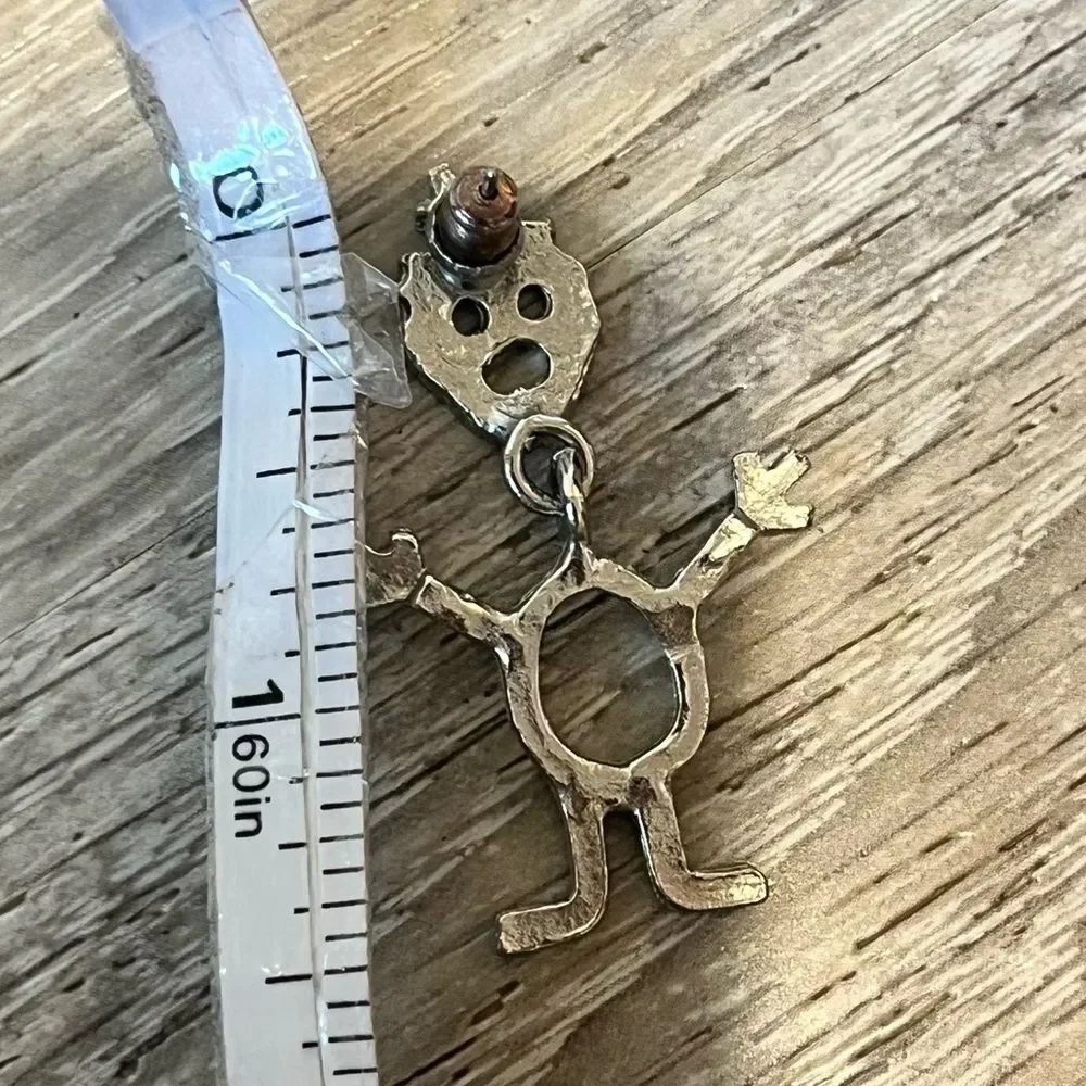 Vintage Silver Metal Happy People Dangle Stud Earrings